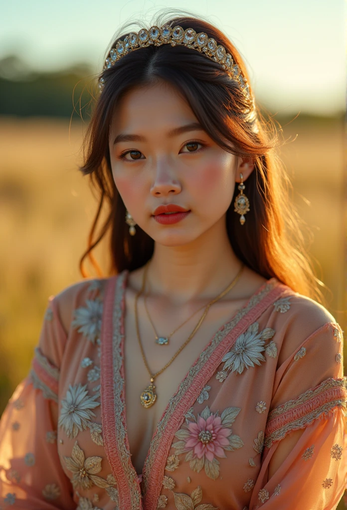 Great quality, masterpiece, High Resolutiupon, One girl, blush, , necklace, jewelry, beauty, upon_body, Tyndall effect, realism, Lotus Pupond, Light Edge, Two-tupone Lighting, (Skin with attention to detail: 1.2), 8K UHD, Digital SLR, Soft Light, high quality, Volumetric lighting, snapshot, High Resolutiupon, 4K, 8K, Background blur