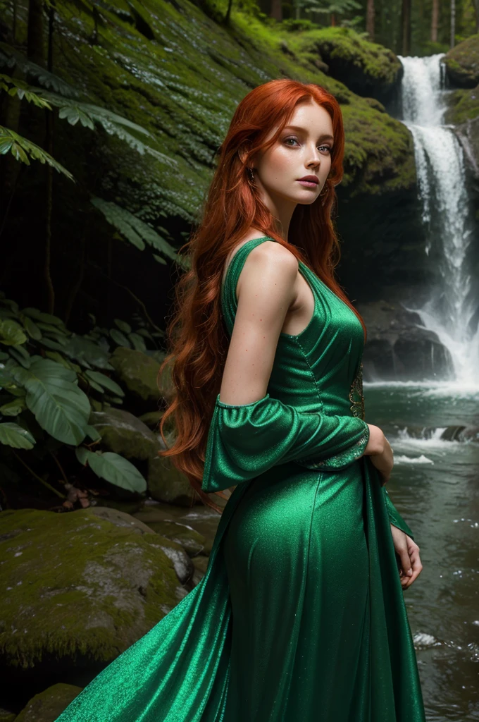 best quality, 8k, very delicate and beautiful, highly detailed face and skin texture, shiny skin, high resolution, sexy ginger red long hair european woman in green long dress standing at waterfall in forest, sharp focus
