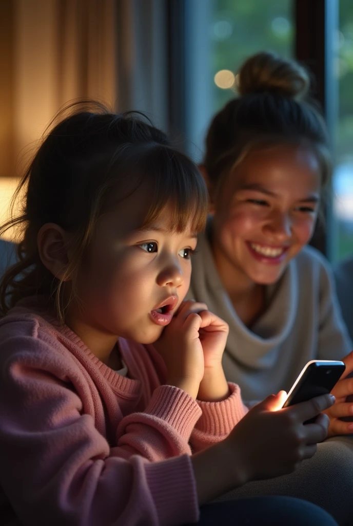there are two child们 sitting on a couch playing with a tablet, play games, twins Playing video games, Next Generation, mobile game, childs playing, Playing video games, Both of them laughed, child们, Gen Z, child, very excited, Have a great time, childs, Have a great time, unique design, describe, professionally, child们 playing with pogs, interesting