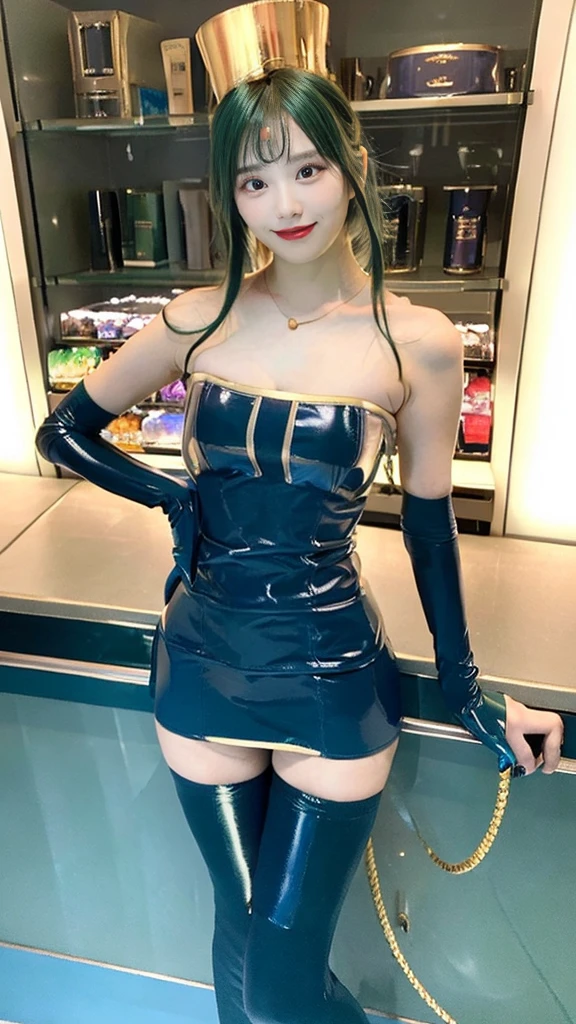 (masterpiece, top quality ,Ultra delicate,  perfect face,16k,   high definition  ,  very cute girl), Atsugesho:1.3,  deep green hair  ,  Blue Latex Bodycon Dress ,   Long Blue Latex Gloves  , Light Green Tights ,  Big Breasts , Tall Cylindrical Gold Headpiece ,   blue-white skin, Red gem on forehead, ((Cosmetics counter  )),   necklace,  smile ,  cowboy shot