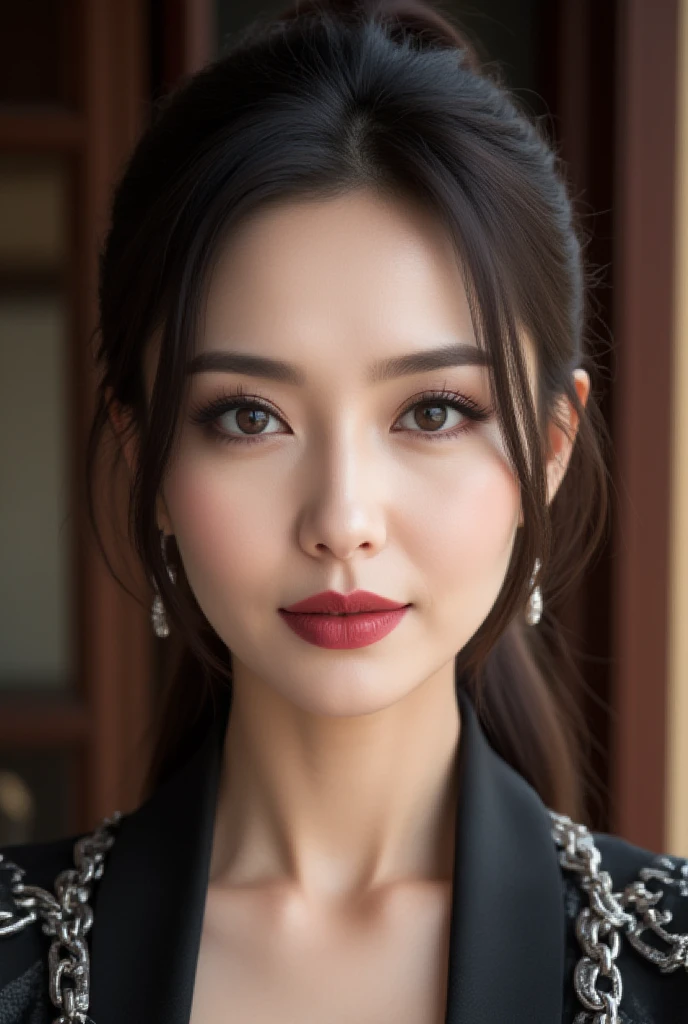 Mature Woman, ( Detailed description of the hair), (Detailed description of the face), (Detailed description of the body), high definition , masterpiece,  top quality ,  High Details, formal: 1.4), ( realistic : 1.2, 超 realistic な: 1.1,  realistic: 1.37), ( sharp focus : 1.4), medium hair, (Ultimate beauty), (lipstick:1.1), ( eyeliner :1.2), ( mascara), ( Eye Shadow ), (60 years old,: 1.4), Japanese、 closeup 、 fine lines of laughter :1.2、seductive smile,（Female warlord costume with black and silver chain accents)、beautiful background