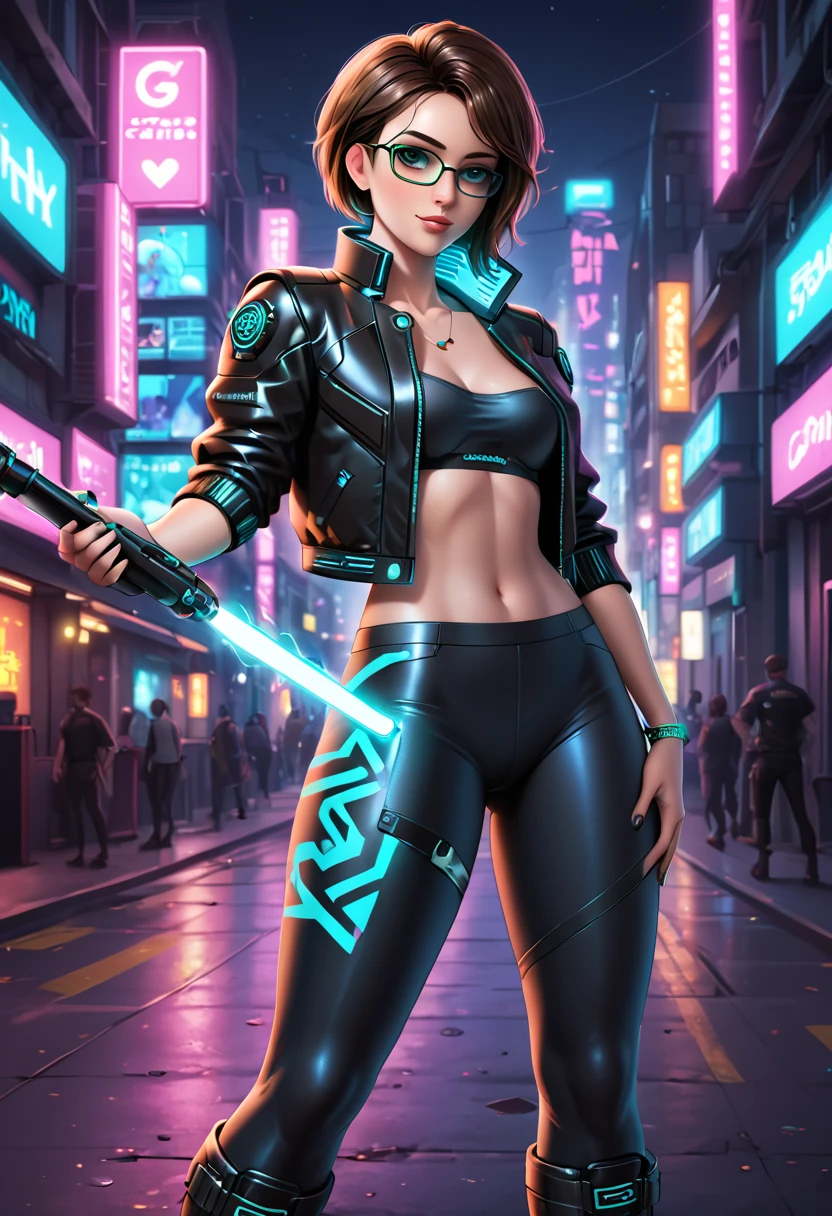 Create an anime-style illustration of Aunt Cass in a cyberpunk setting. She has an edgy, futuristic look with short, slightly spiky brown hair, highlighted with glowing neon blue streaks. Her outfit is a sleek black leather jacket with glowing circuitry patterns, paired with high-tech leggings and combat boots. She wears a pair of augmented reality glasses with a green holographic interface, and her left arm is a cybernetic enhancement with glowing circuits and intricate details. The background features a neon-lit urban environment, with towering holograms and bustling streets, immersing her in the heart of a futuristic metropolis. Her pose is confident and ready for action, holding a high-tech device or weapon in one hand. The illustration is rendered with vibrant neon lighting, intricate textures, and a gritty yet stylish cyberpunk aesthetic.
