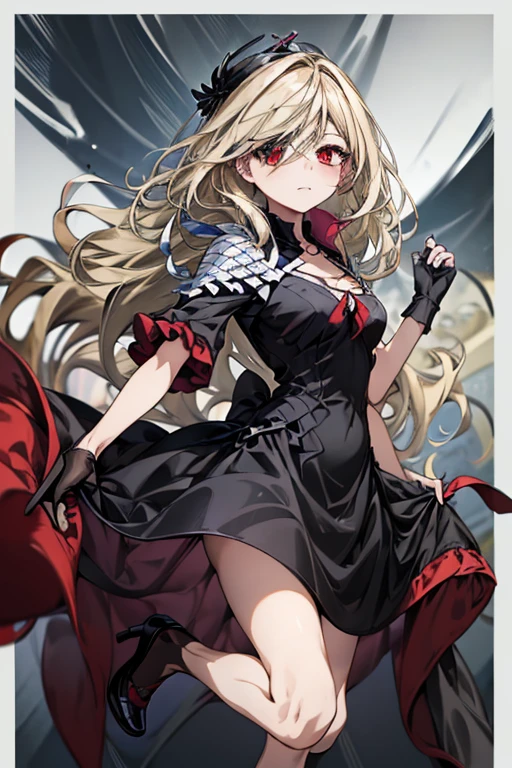 (masterpiece),  top quality ,  red eyes,  black ruffle dress,  black border on dress , black gloves and shoes ,  wave hair,  grayish blonde hair color 、 cowboy shot,  black dress