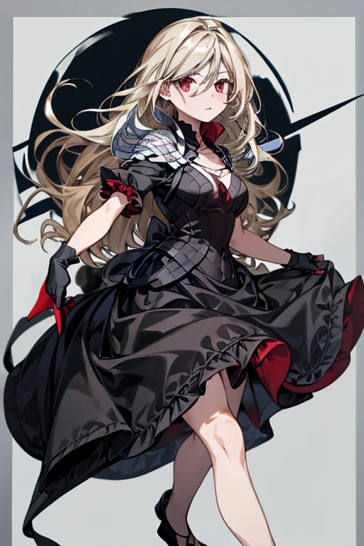 (masterpiece),  top quality ,  red eyes,  black ruffle dress,  black border on dress , black gloves and shoes ,  wave hair,  grayish blonde hair color 、 cowboy shot,  black dress