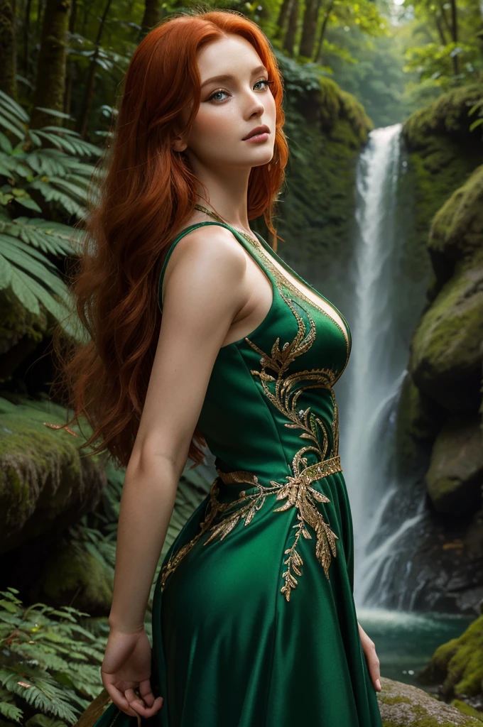 best quality, 8k, very delicate and beautiful, highly detailed face and skin texture, shiny skin, high resolution, sexy ginger red long hair european woman in green long dress standing at waterfall in forest, sharp focus
