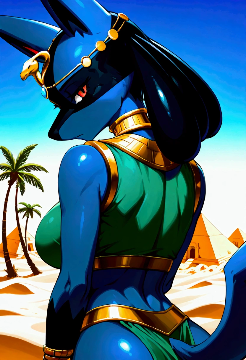 uploaded on e621, by wolfling, glossy skin, canid, lucario, ruins style lucario, pokemon, anthro, female, solo, big large breasts, bracelets, gold collar, egyptian clothing, gold jewelry, hair acessory, golden pelvic curtain, black boxer, green sleeveless shirt, midriff, scornfull face, unimpressed, emotionless, seductive, desert, pyramid, egypt, nil, palm tree, jackal tail, close-up, portrait, from behind, back, rear back,