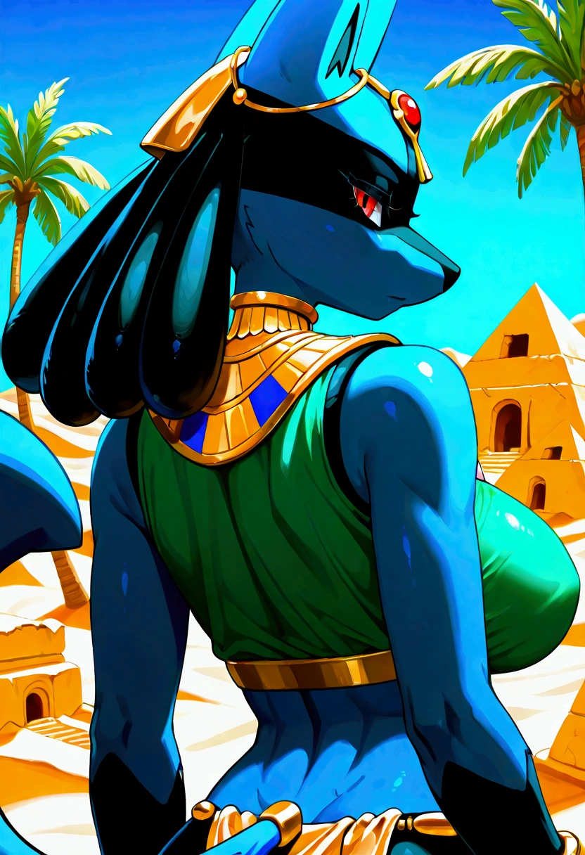 uploaded on e621, by wolfling, glossy skin, canid, lucario, ruins style lucario, pokemon, anthro, female, solo, big large breasts, bracelets, gold collar, egyptian clothing, gold jewelry, hair acessory, golden pelvic curtain, black boxer, green sleeveless shirt, midriff, scornfull face, unimpressed, emotionless, seductive, desert, pyramid, egypt, nil, palm tree, jackal tail, close-up, portrait, from behind, back, rear back,