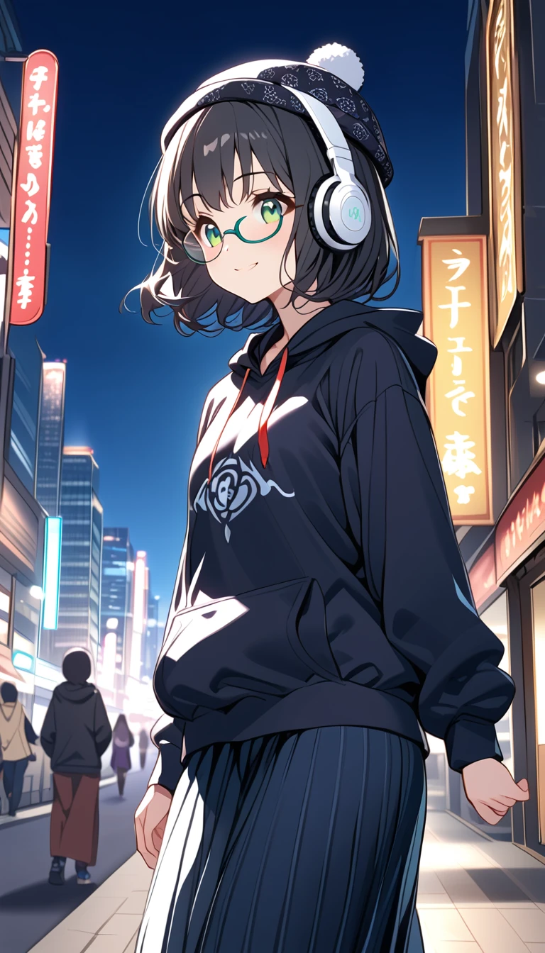 {{{masterpiece}}}, {{{ top quality }}}, {{ ultra detail }}, { beautiful,  detail eyes},  1 girl, Alone, (( black hair)),  bob cut, (( green eyes)), (wavy hair ), (pattsun maegami), Black headphones, ( cute black patterned hoodie), cute black patterned hat,( cute black long skirt),(red-rimmed half-rim glasses), is a smiling face ,tooth,pattsun maegami,Midea, Black Hoodie , jade colored eyes,Night City,
