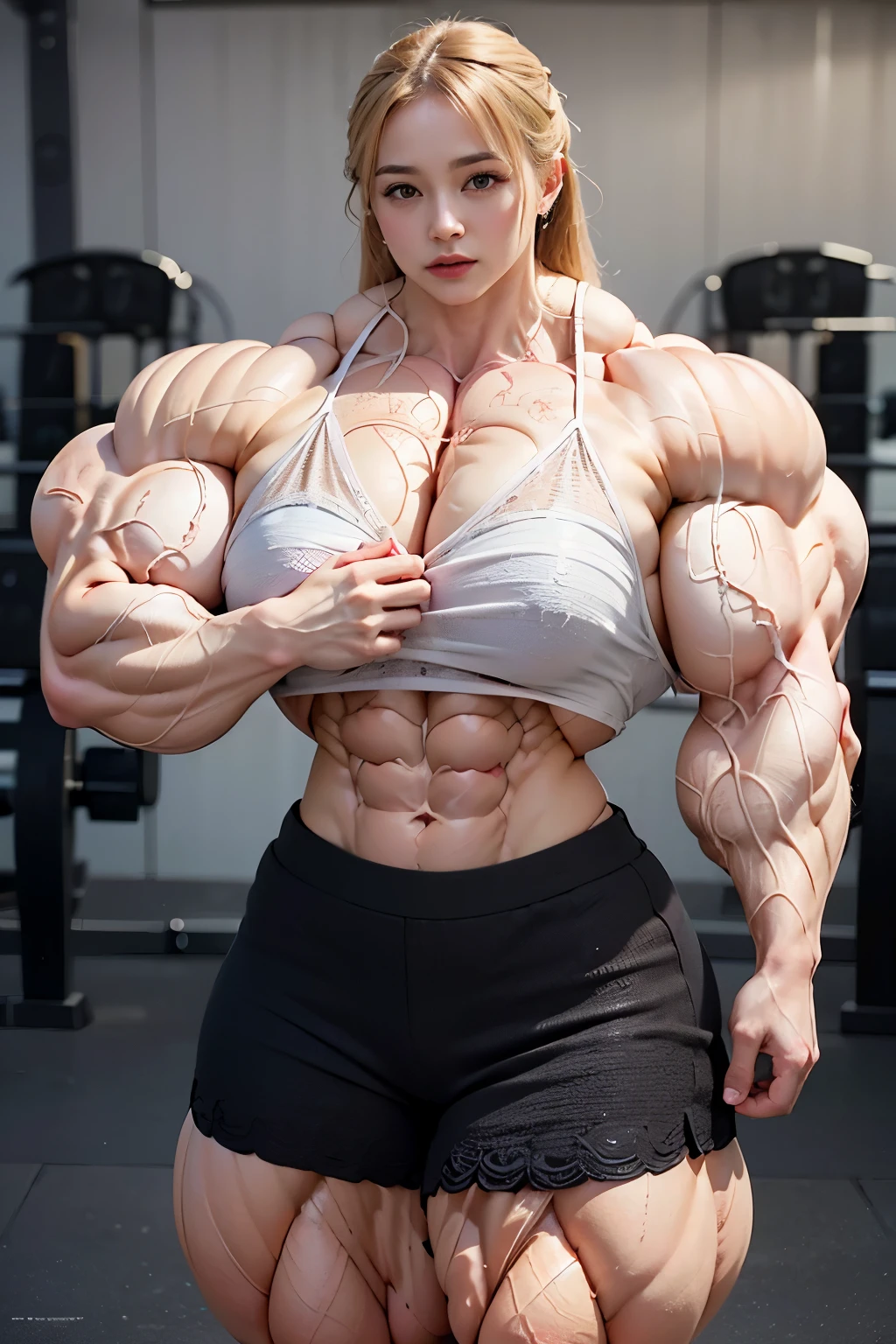 (masterpiece, best quality, high quality, highres:1.4), detailed, very tall, roupas apertadas , sweater , glasses, saia branca , huge muscular body , bodybuilder, giant booty, huge muscular arms, abs , huge muscular legs, muscular shoulders,extremely detailed, sexy ((teacher on classroom)):1.3, 4K, 1girl, (mature female, milf:1.2), long hair, Platinum blonde hair, large breasts, curvy , small waist, (Sweater, Dress pants, , cleavage), (indoor), (night), flexing muscles pose, defiance512, ((NSFW)), (((accurate anatomy))), ((wide hips)), (((Huge breasts))), ((long legs)), (((Massive Female Bodybuilder))), ((((Muscular Legs)))), (((((Huge Muscles)))))