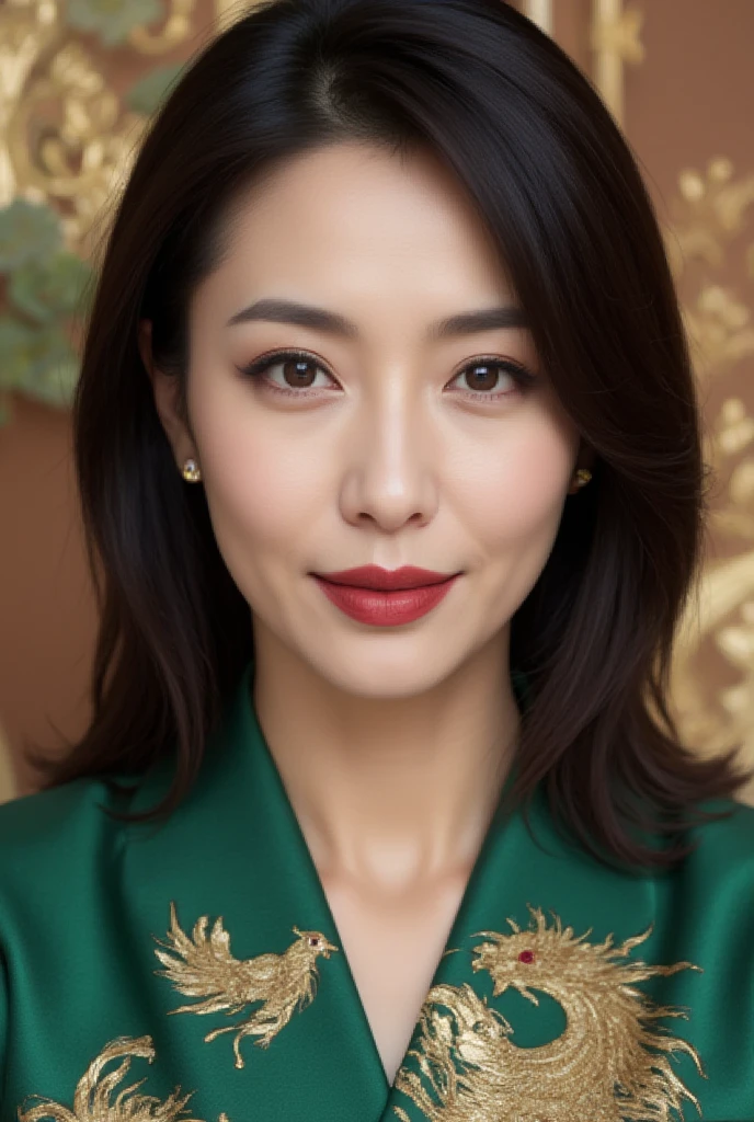 Mature Woman, ( Detailed description of the hair), (Detailed description of the face), (Detailed description of the body), high definition , masterpiece,  top quality ,  High Details, formal: 1.4), ( realistic : 1.2, 超 realistic な: 1.1,  realistic: 1.37), ( sharp focus : 1.4), medium hair, (Ultimate beauty), (lipstick:1.1), ( eyeliner :1.2), ( mascara), ( Eye Shadow ), (60 years old,: 1.4), Japanese、 closeup 、( fine lines of laughter :1.2)、seductive smile,（Emerald green x phoenix pattern hakama style female warlord costume)、beautiful background、