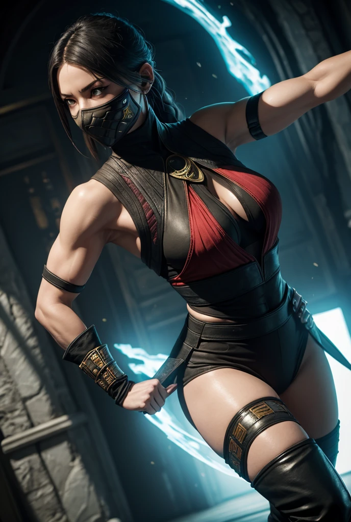 mortal kombat ninja woman character , super strong, muscular,a chaotic world in the background, 35mm lens, photography, ultra details, precise texture details HDR, UHD,64K,