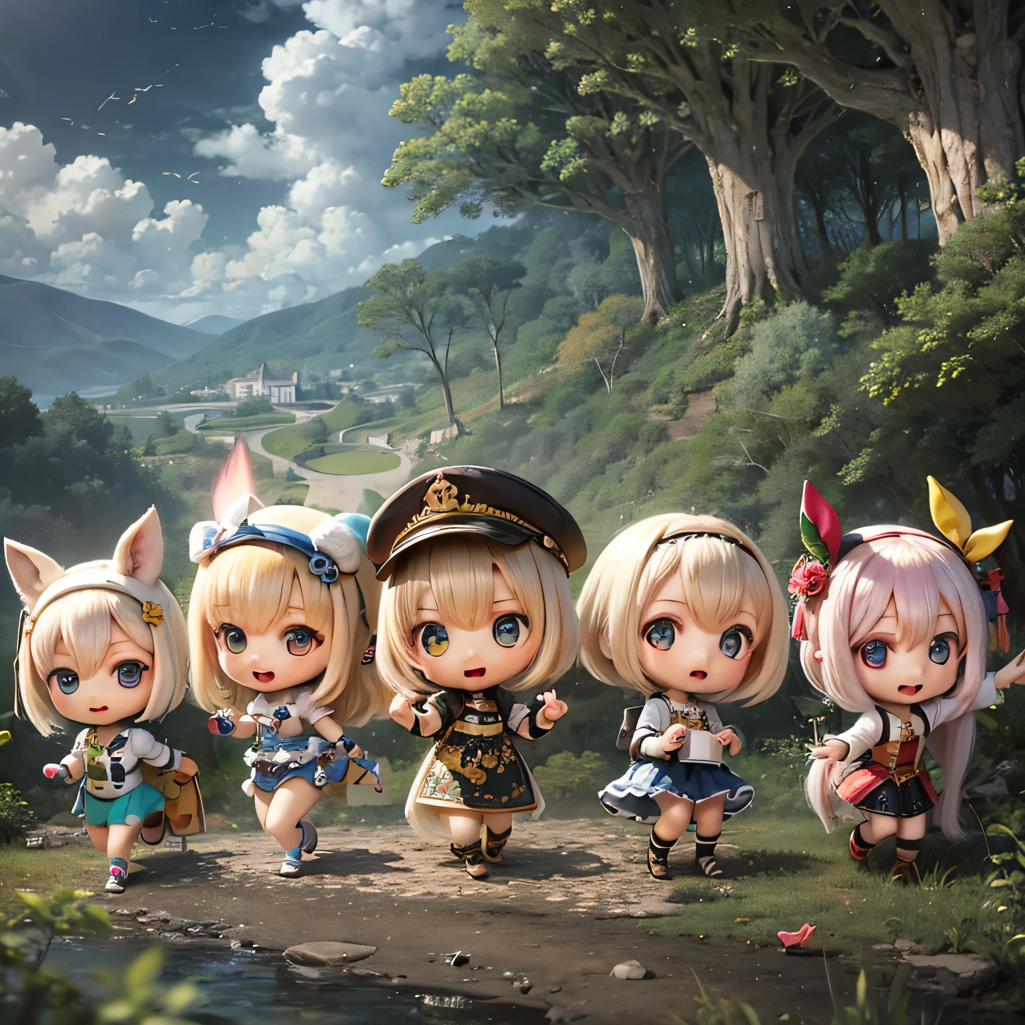 (highest quality,Super detailed:1.2,High resolution:1.2),wildcat girl,running,chibi style,Energetic,playful,expression of joy,Exaggerated movements,Cartoon-like,2 girls,Striped outfits,tail and ears,quirky background,flowers,bright colors,lively atmosphere,comic book style,Fun and lively