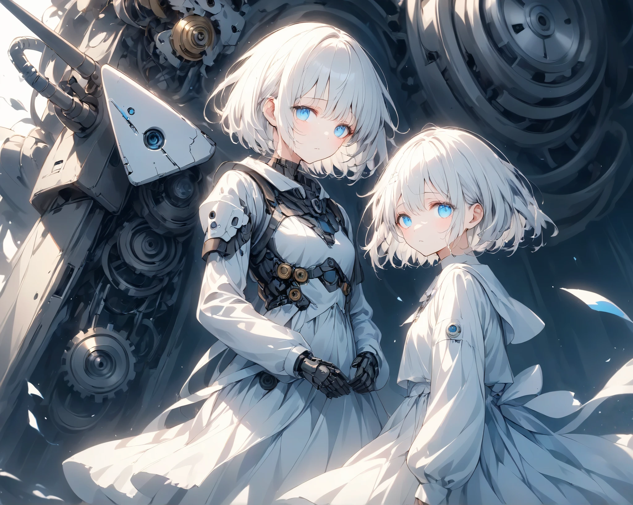  mechanical girl 、 white long skirt and clothes 、White Hair、 blue eyes、 short hair、gear、 illustration based on white and blue、Ephemeral and sad image ソロ,  1 girl,A slightly creepy humanoid robot after a girl