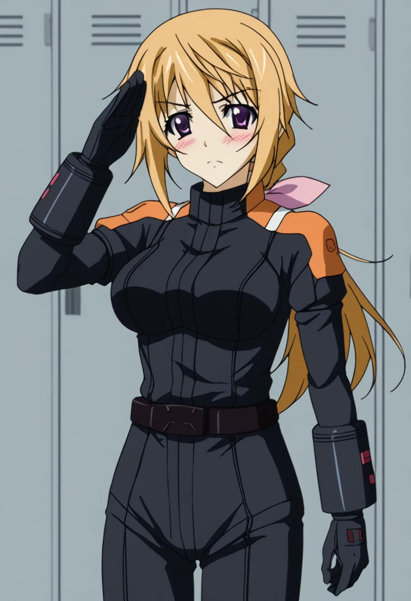 Z Gundam pilot suit, ( black pilot suit for piloting a machine:1.5) 、,score_9、 score_8_ up、 score_7_ up、 Destroys Top Quality 、 Refined details 、  Source Anime  、  1 girl、、solo、Infinite Stratos、Charlotte du Noir 、 purple eyes、Tareme、 eyelash 、 blond hair、 long hair、 ponytail、低い ponytail、 hair between eyes、Hair Bows、 pink bow 、Hair Ribbons、 Big Breasts 、、locker room,salute、serious、blush