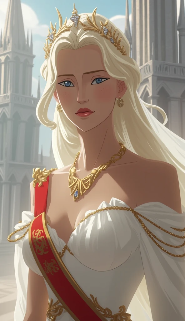 19th century, empress, woman, delicate face, pale blonde hair, blue eyes, in a white royal dress with open shoulders, gold patterns on fabric, crystal jewelry, with a scarlet ribbon over the shoulder with the regalia of the monarch, Gothic castle made of white stone on the background, light, day, hd