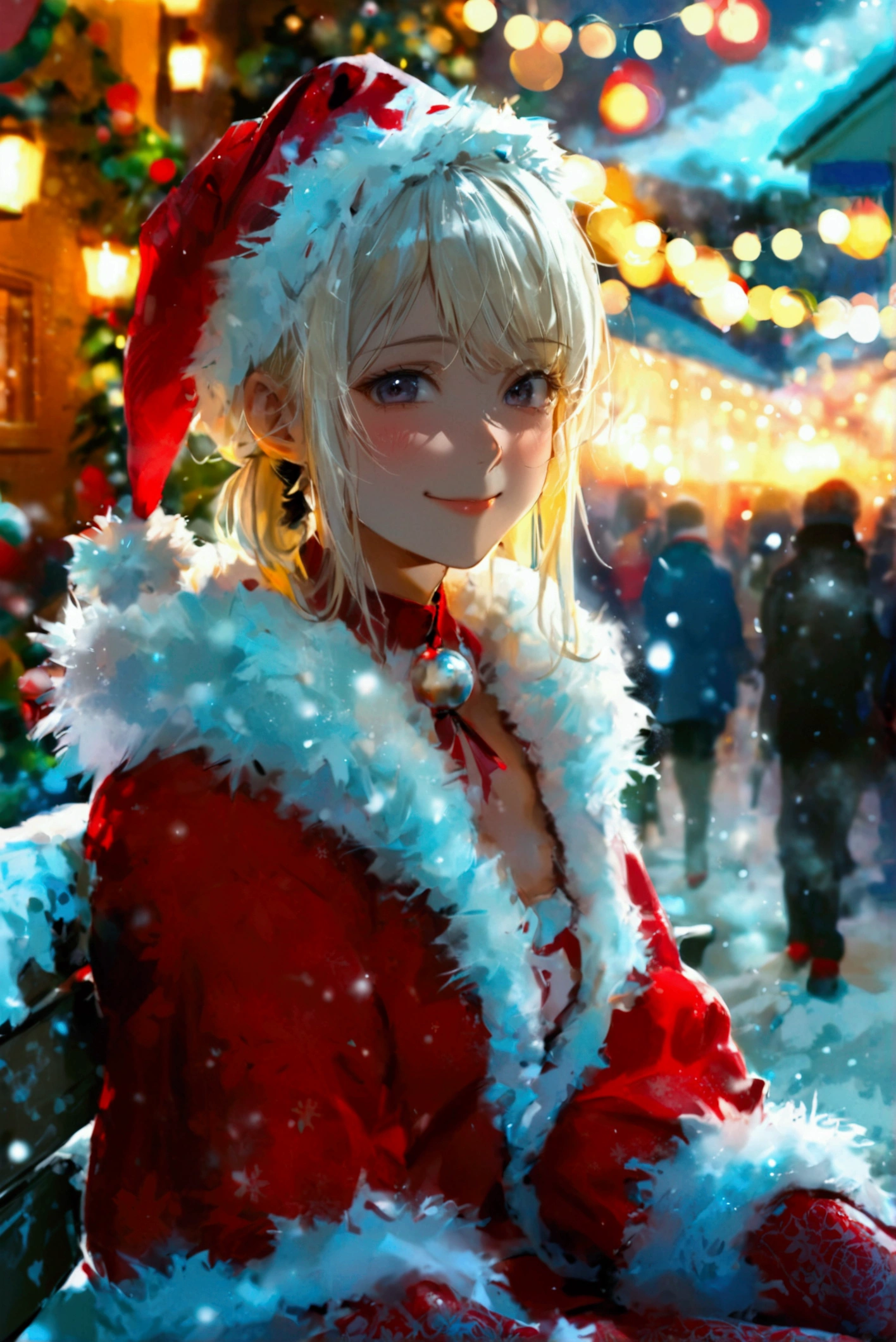  cute woman sitting　 and the eyes are big　Perfect figure　 Santa costume 　 selfie　模倣 selfieフレーム　 winks　Embarrassed　smile　Overlooking　 dark eyes　 ponytail　White Hair　Blonde　Winter Town 　night　 Christmas Party　Magazine style