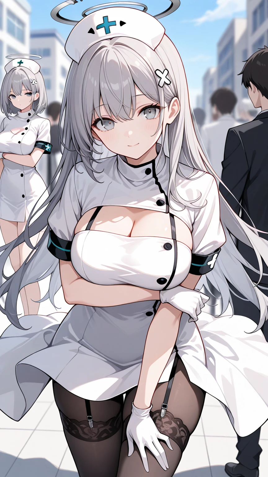 1girl, breasts, looking at viewer, blue eyes, large breasts, thighhighs, gloves, hat, dress, cleavage, grey hair, heart, pantyhose, outdoors, solo focus, white gloves, white dress, blurry, grey eyes, blurry background, garter straps, halo, nurse cap, nurse, arm under breasts