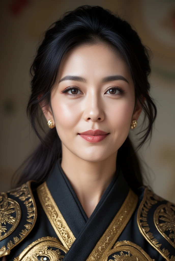 Mature Woman, ( Detailed description of the hair), (Detailed description of the face), (Detailed description of the body), high definition , masterpiece,  top quality ,  High Details, formal: 1.4), ( realistic : 1.2, 超 realistic な: 1.1,  realistic: 1.37), ( sharp focus : 1.4), medium hair, (Ultimate beauty), (lipstick:1.1), ( eyeliner :1.2), ( mascara), ( Eye Shadow ), (60 years old,: 1.4), Japanese、 closeup 、( fine lines of laughter :1.2)、seductive smile,（Gold x Black Sengoku Style Armor Coat Female Warlord Outfit)、beautiful background、from above