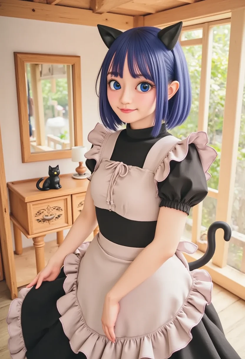 Cat ear Madoka Magica Cute girl Blue hair Blue dress Full body standing Smile