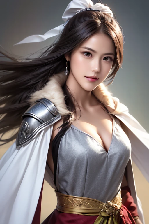 ((The upper body of a female warrior wearing silver and white armor and a cloak:1.3)),1 person,  black hair,  belly shortcut   ,Big breasts and cleavage,  high-definition face and skin texture  ,  staring at the camera,   Chinese Warrior  ,  perfect beauty: 1.4, fine grain,  double eyelids in a judo suit ,  whitening for women with bristles, top quality ,  super high res ,  simple background，Symmetrical Normal Eyes   , hair accessories, Slim Waist ,