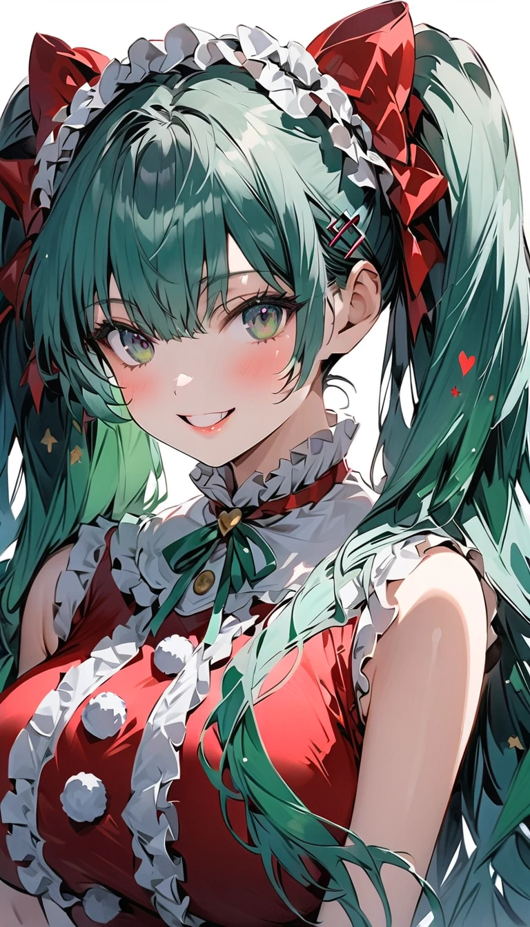 (masterpiece、highest quality、highest quality、Official Art、Beautiful and beautiful:1.2)、(One girl:1.3)Hatsune Miku、Twin tails,Beautiful breasts,(Best image quality, masterpiece:1.2), (Ultra high definition illustration), (Very beautiful mature queen:1.3), (Gorgeous sleeveless queen red dress with roses:1.3), Underarm, Mean face, Wicked Smile,