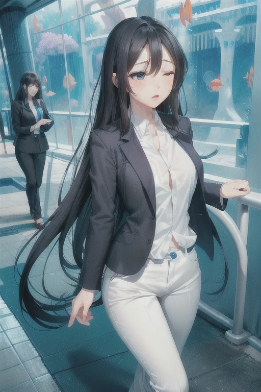 ( one beautiful woman inside the aquarium building ,  women with anatomically perfect bodies, Ultra detailed hands, perfect hand,  super detailed face,  beautiful eyes,  blue-white skin,  long hair:1.1), ( black suit、 white shirt、pants), (street:1.2), (despair, Hurry,shame:1.2),  eyes closed ,  top quality 