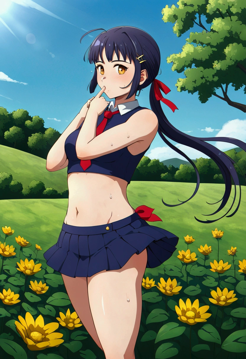 Yoshiko Tsushima love live,serafuku, gray mini skirt, slightly from side, v, armpits,wind ,navel, breasts, smile , standing, sleeveless , looking at viewer,garden