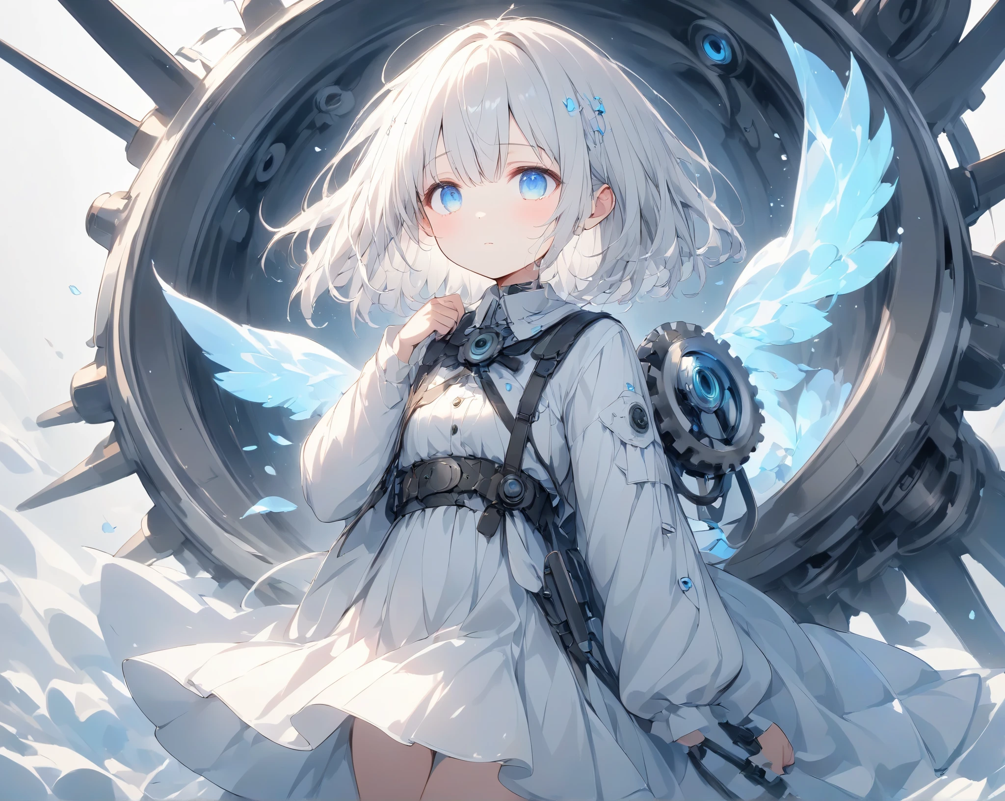  mechanical girl 、 white long skirt and clothes 、White Hair、 blue eyes、 short hair、gear、 illustration based on white and blue、Ephemeral and sad image ソロ, 1人の女の子, ロボットと女の子