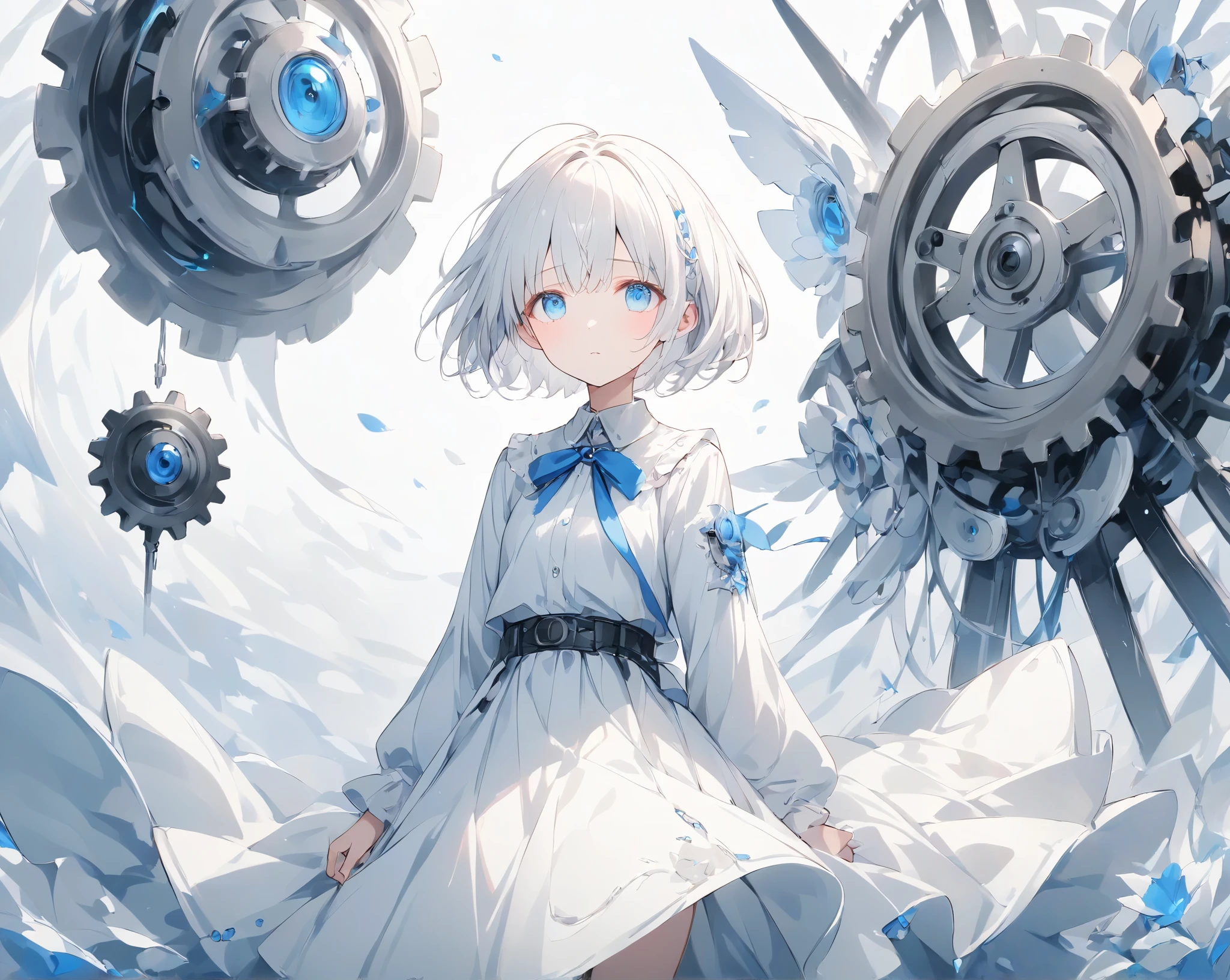  mechanical girl 、 white long skirt and clothes 、White Hair、 blue eyes、 short hair、gear、 illustration based on white and blue、Ephemeral and sad image ソロ, 1人の女の子, 