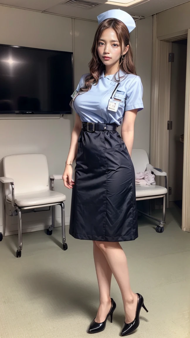 a beautiful young 24-year-old Japanese woman, beautiful, detailed anatomy, beautiful skin, random hair color and hairstyle, big breasts, nurse hat, (nurse uniform:1.3), nurse cap, (she is standing:1.2), full body shot, high heels, hospital, (best quality,8k, masterpiece:1.3), (extremely detailed:1.2), Haruna Kawaguchi