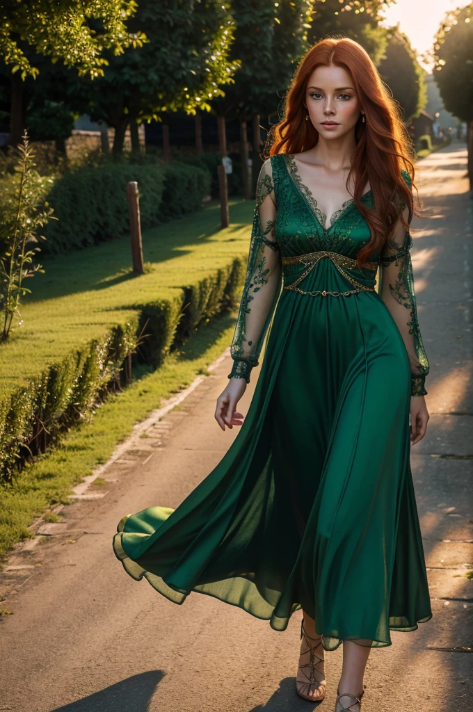 best quality, 8k, very delicate and beautiful, highly detailed face and skin texture, shiny skin, high resolution, sexy ginger red long hair european woman in green long dress walking in the village at sunset, sharp focus