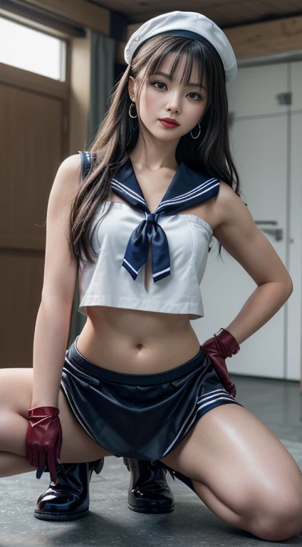 masterpiece, best quality, highres, mer1, tiara,japaniese idol, (sailor senshi uniform:1.1), (torn clothes:1.2),blue sailor collar, bow, knee boots, choker, white gloves, blue choker, elbow gloves, jewelry, earrings, blue skirt, (underboob:1.3), large breasts, navel, cowboy shot, embarrassed, crotchless thong, crotchless panties, (upskirt, from below:1.3), cameltoe, erotic, surrounded by machinery and big screens, technological background,(arms behind head:1.3),(naturaly tits stand:1.2),full-face blush,(frown:1.3),anger,