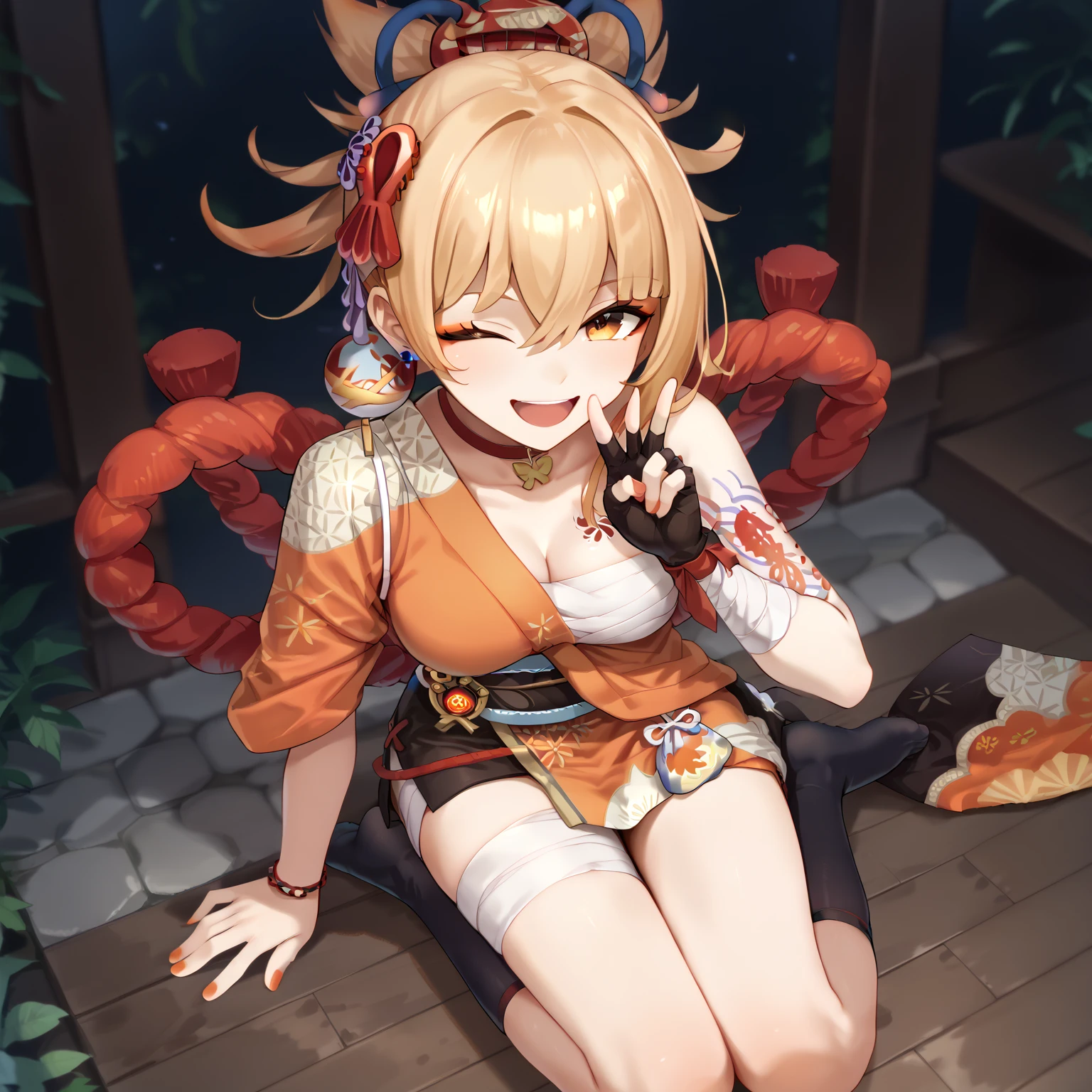 ,yoimiya, orange eyes, blonde hair, ponytail, hair between eyes, hair ornament, red choker, jewelry,
orange kimono, japanese clothes, hadanugi_dousa, single bare shoulder, cleavage, collarbone, sash, obi, rope, pouch, shimenawa, chest sarashi, bandadged leg, chest tattoo, arm tattoo, single glove, fingerless glove, bracelet, black kneehighs, black socks, asymmetrical legwear, single leg warmers, geta,best quality,amazing quality,masterpiece,ultra detailed,anime screencap,sitting cross-legged,sitting down,from above,full_body,from outside,dynamic angle,making peace sign,laughing,winking,looking up