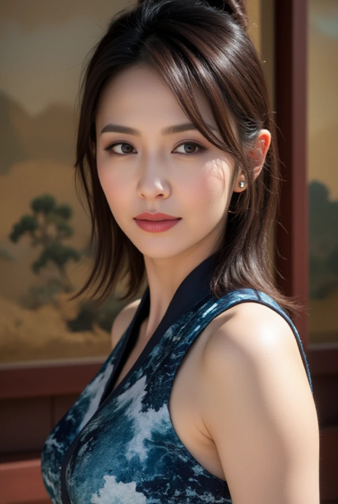 Mature Woman, ( Detailed description of the hair), (Detailed description of the face), (Detailed description of the body), high definition , masterpiece,  top quality ,  High Details, formal: 1.4), ( realistic : 1.2, 超 realistic な: 1.1,  realistic: 1.37), ( sharp focus : 1.4), medium hair, (Ultimate beauty), (lipstick:1.1), ( eyeliner :1.2), ( mascara), ( Eye Shadow ), (60 years old,: 1.4), Japanese、 closeup 、( fine lines of laughter :1.2)、seductive smile,（Blue x Water Patterned Sleeveless Armor Top Female Warlord Costume)、beautiful background、from above