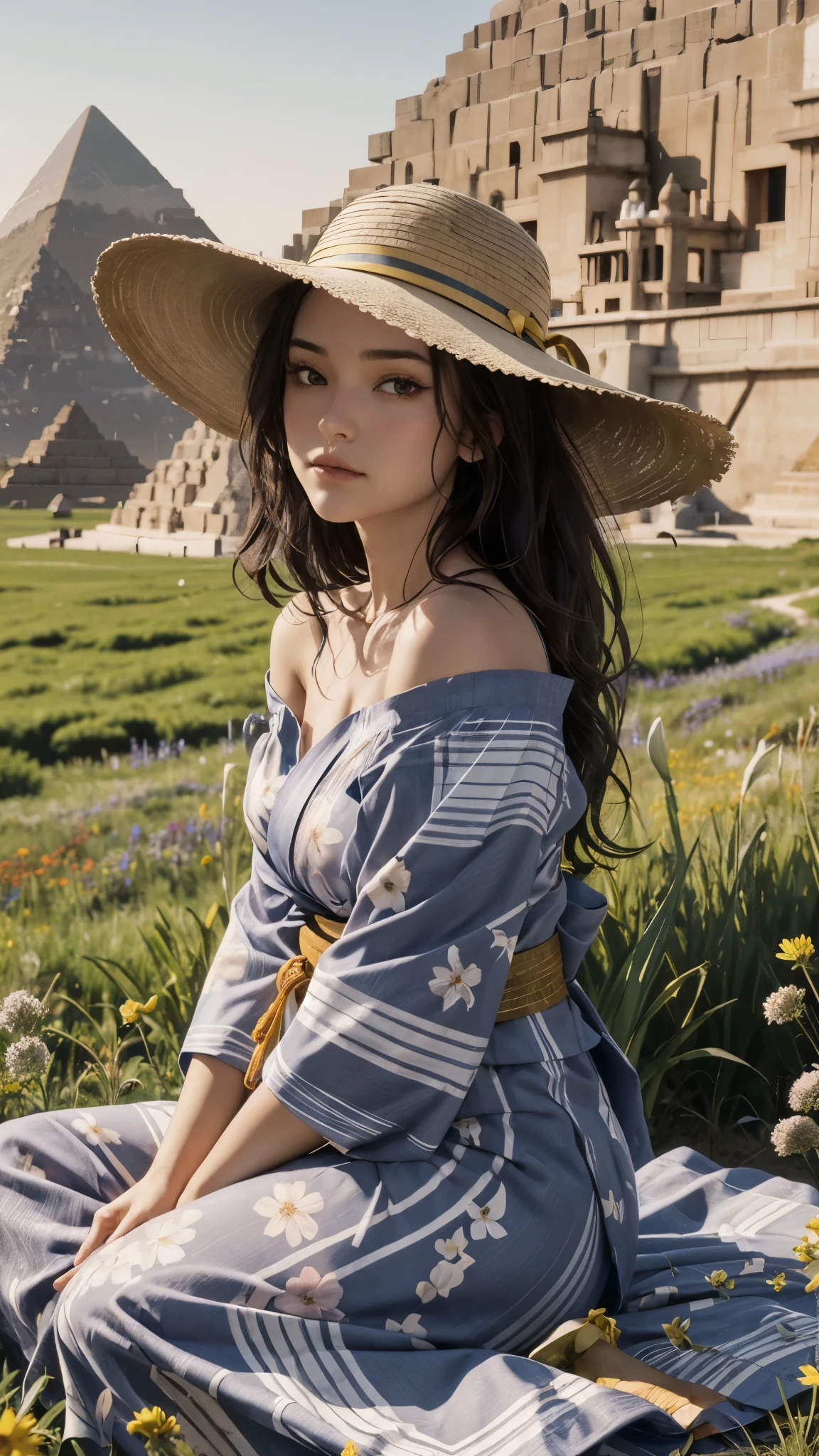 girl, from side, sitting, shoulder, see-through off-shoulder dress, (cute:1.4), breasts, wide hat, wavy long hair, looking at viewer, meadow with dots of wildflowers, warmth of golden hour, tyndall effect, cinematic, pyramid, explorer, yukata, bright color yukata, mystical light, mystical scene,