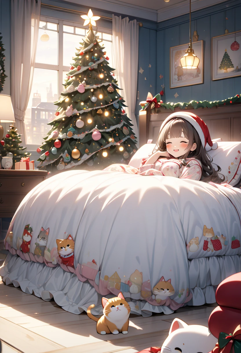 (masterpiece), (ultra-detailed, best quality, clear focus, dramatic scene, cinematic), shadow, (ultra-high resolution, 8k), perfect anatomy, perfect face, (detailed face), (detailed closed eyes), (chibi), cute Japanese chibi girl, famous Japanese chibi idol, very beautiful and cute and cool face, (wearing a cute room wear:1.2), nightcap, (large breasts), (She is sleeping on the bed with a cute giant fat cat:1.2), stylish table and chair with cute furnishings, at night, window with closed curtain, Christmas decorated cute room, she is showing smile, dynamic angle, (a very cute giant fat cat is mewing with her:1), professional lighting, (many detailed cute cat:1.2), (The gorgeously decorated Christmas tree with illumination by the bed:1.2), they looks so happy, (Christmas lights:1.2), very wide shot