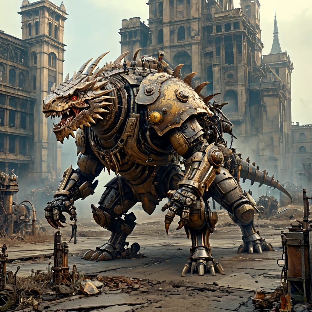 ((masterpiece:1.2)), (( top quality :1.2)), Oil painting, 1 monster \( monster with huge mechanical devices ,  sharp fangs like dinosaurs ,  body covered with armor and gears , He is leaning forward with his huge arms on the ground, Knuckle walk , long, thick tail),  mechanical leg, A person pilots,  armor painted in tan color ,  peeling paint , weathering, rust,  exposed mechanical parts,  Intricate Details, background\( Ruined City, Deserted city ), Mr.々Effects ,  delicate and dynamic texture ,  super detailed  ,  absolute resolution  ,  top quality , masterpiece ,  Cinematic Lighting  ,  Volume Fog ,  dynamic camera angle 