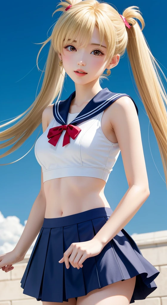 (top-quality, 4K picture quality, masterpiece, Professional lighting without shadows, A hyper-realistic), perfect anatomia, Two girls, ( with perfect body、Colossal breasts with tension:1.2), Bright and even whitening skin without wrinkles and steps, (Reflects a lot of light with bright and beautiful blue eyes with long eyelashes and plump red tear bags:1.2)、 Cute hairstyles, (Schoolgirl uniform gets wet and sticks to the skin, A tight-fitting blouse made of white ultra-thin fabric covers the upper body、Dress up with a super short super mini pleated skirt), (The skirt is too short and the big butt is exposed:1.3), (She proudly shows off her taut huge breasts and crimson ribbon tie from the front), (Another girl on the other side、Show off your big butt from right behind),