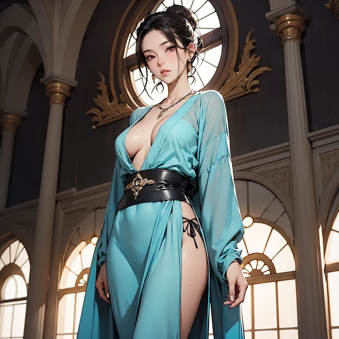 beautiful amazon woman with green eyes, black hair, voluptuous body, medium breasts, narrow waist, must be semi dressed in a sexy short greek tunic dropped on one shoulder almost showing a breast, the robe must be cyan blue color