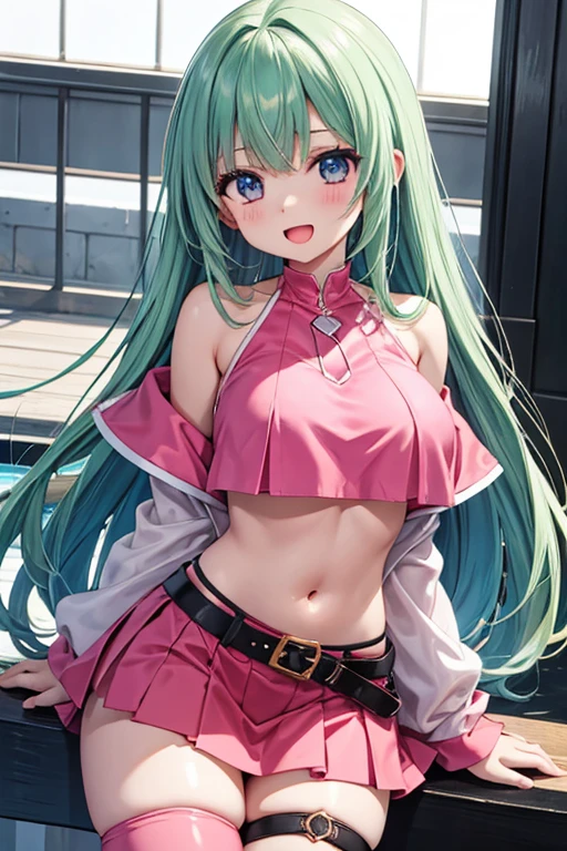 persona 5 art style、Persona 5 Style、Kasumi Yoshizawa、Yoko Asagiri、Full body like、high-level image quality、poneyTail、small tits 、Bangs ponytail、、Smooth thighs、Patsun、top-quality、The ultra -The high-definition、Fine eyes、Slender legs、Fine and beautiful eyes、a white bikini、stick out buttocks、Green hair、
