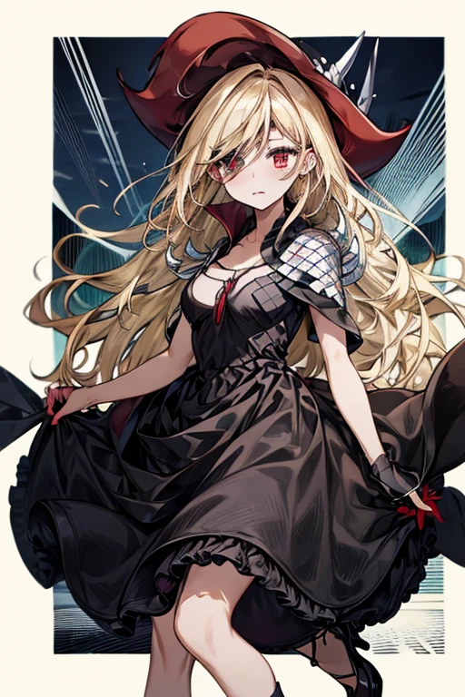 (masterpiece),  top quality ,  red eyes,  black ruffle dress,  black border on dress , black gloves and shoes ,  wave hair,  blonde hair color、 cowboy shot,  black dress