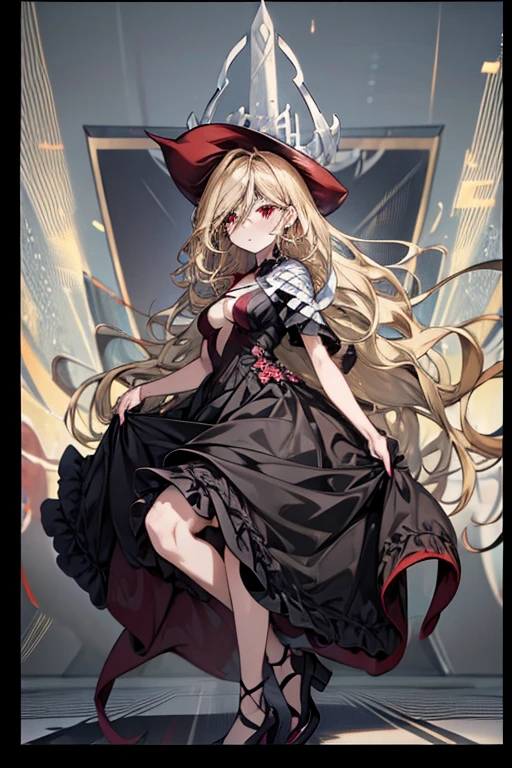 (masterpiece),  top quality ,  red eyes,  black ruffle dress,  black border on dress , black gloves and shoes ,  wave hair,  blonde hair color、 cowboy shot,  black dress