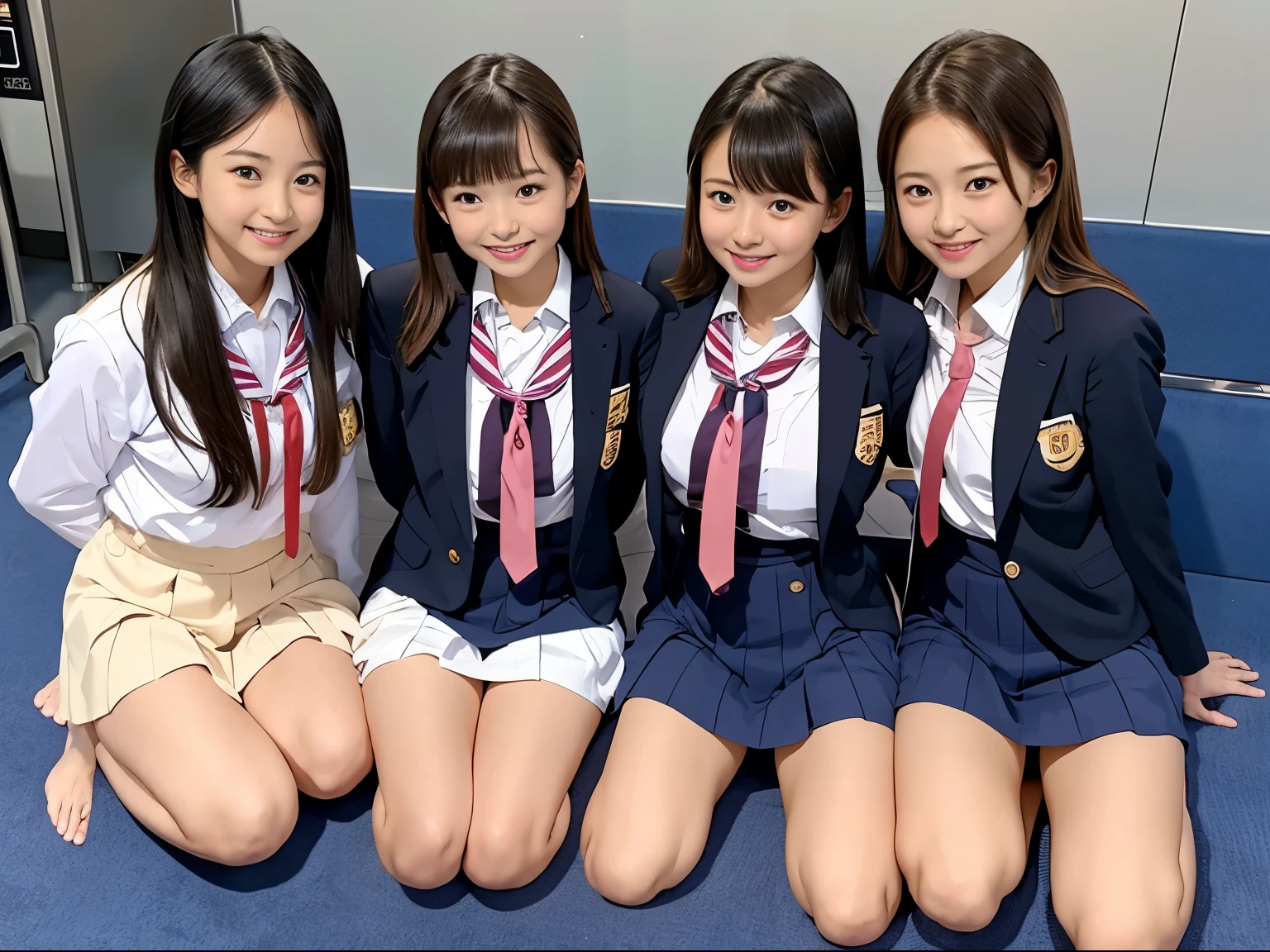 high angle shot 、 Center View 、 Asian woman wearing a short skirt and ribbon tie is sitting on a train、 Cute High School Girl 、 Japanese Girl's Uniform 、 wear Japanese school uniforms、japanese school uniform、 super realistic high school girl 、dressed as a schoolgirl、 super realistic high school girl 、 is wearing a uniform、 realistic high school girl 、 girl in uniform 、 is wearing a uniform、open legs, pantie shot,M-shaped leg pose、 Full Body Lesbians、Good skin、 shiny skin、Cute thighs、Shining thighs、Glowing legs、barefoot , Japanese High School 、Nogizaka idol、 Korean idol、nsfw、 nudes