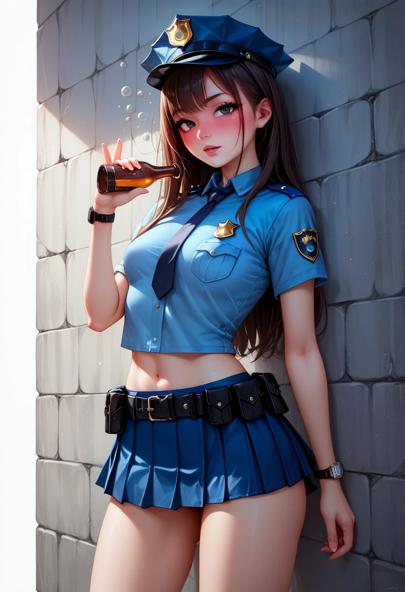 Japanese beauty naked,Alone,Wearing a police belt around his waist,Watch on wrist,Drunk,Hiccups、Embarrassing、Standing in front of a white wall,Right to chest,Left hand near mouth.Standing knee-high shot,night,Indoor Japanese-style room,Ultra high definition,16K
