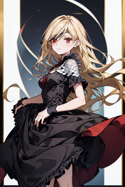 (masterpiece),  top quality ,  red eyes,  black ruffle dress,  black border on dress , black gloves and shoes ,  wave hair,  blonde hair color、 cowboy shot,  black dress