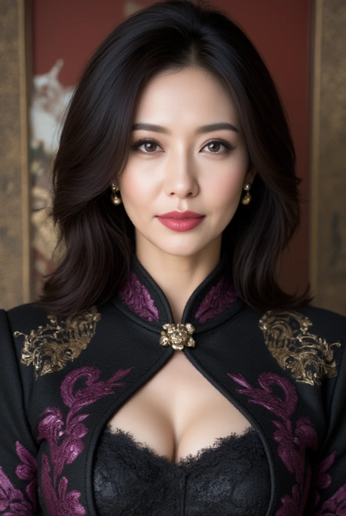 Mature Woman, ( Detailed description of the hair), (Detailed description of the face), (Detailed description of the body), high definition , masterpiece,  top quality ,  High Details, formal: 1.4), ( realistic : 1.2, 超 realistic な: 1.1,  realistic: 1.37), ( sharp focus : 1.4), medium hair, (Ultimate beauty), (lipstick:1.1), ( eyeliner :1.2), ( mascara), ( Eye Shadow ), ((60 years old,: 1.4)), Japanese、 closeup 、( fine lines of laughter :1.2)、seductive smile,（Black x Purple Crane Pattern Armor Female Warlord Outfit with Cape)、beautiful background、from above