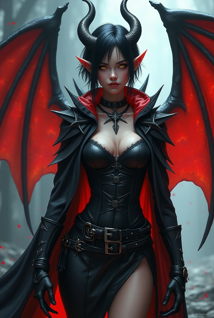 Fantasy Female Necromancer with pale skin and short red hair , dark mascara, heavy makeup, skulls