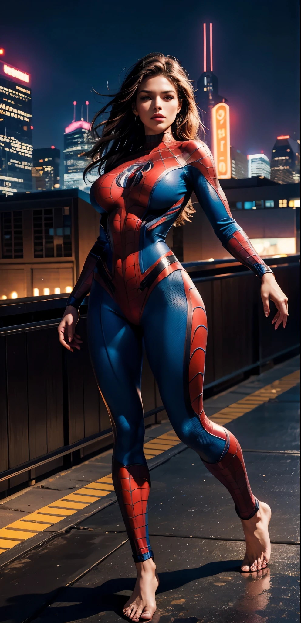 Cowboy Shot、Mature Woman、(masterpiece, Highest quality), Intricate details, 8K, 1 Girl, Long Hair, Bowl Cut Hair,((blunt bangs))、 Black Hair,((Spiderman Suit)),Skyscraper, city, building, car, street,((Delicate painting)),(Detailed RAW photos of girls), (Pieces fly:1.25), (Highest quality:1.6), (Ultra-high resolution:1.5), (Photorealistic:1.75), 8K resolution, Canon EOS R5, 50mm, Confused, Very detailed,Cinema Lighting、(((Super big breasts)))、Leg spread、(I can see your abs)、((Separate suits))、Spider knee-high socks、Sexy pose、spiderman bikini、(((Ripped and tattered suit:1.1)))