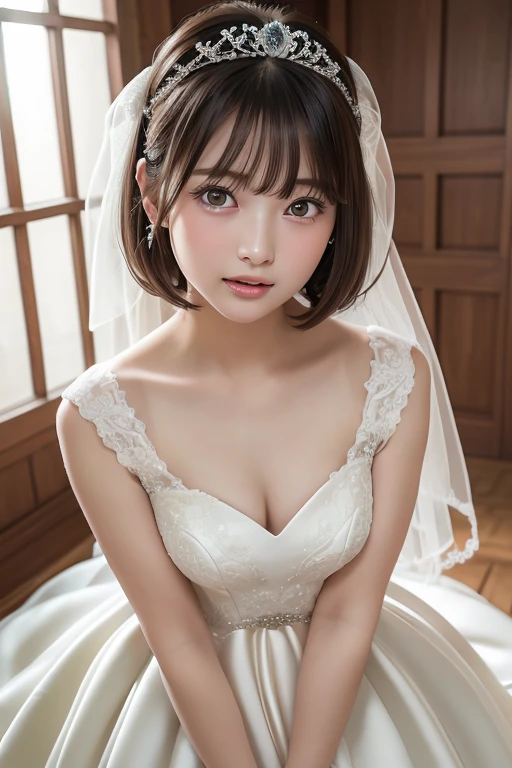 8k, Ultra-high resolution, Highest quality, masterpiece, 三分割法によるphotograph,Surreal, photograph, 1 Girl, (:1.3), pretty girl, Cute Face, Beautiful eyes in every detail, 細かくdetailedに,masterpiece,One Girl:1.2,Japan Female Teachers,full body,light smile,Black short hair,Bob with bangs,(印象派の美しい少女のPortraiture),(Impressionist light and colour), (White Wedding Dress:1.3),(Fairy, bride, Shiny Hair, Beautiful dark eyes, So cute and beautiful,16 years old0.8),Sharp contours,Looking down, (Wedding Veil,White lace), ((Gothic cathedral)), (Stained Glass Windows:1), indoor, Light from above, Low contrast, (Side view),, Perfect and beautiful face ,完璧でCute Face, Skin with attention to detail, Perfect limbs、Narrow waist,Looking at the audience,(((Ideal body type))),A cup small breasts :2,Portraiture:2,Perfect Anatomy,鮮明なdetailed,detailed,Surreal,Light and shadow,glowing