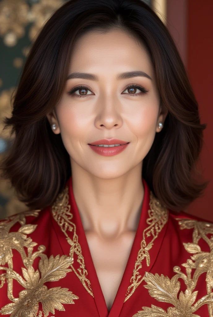 Mature Woman, ( Detailed description of the hair), (Detailed description of the face), (Detailed description of the body), high definition , masterpiece,  top quality ,  High Details, formal: 1.4), ( realistic : 1.2, 超 realistic な: 1.1,  realistic: 1.37), ( sharp focus : 1.4), medium hair, (Ultimate beauty), (lipstick:1.1), ( eyeliner :1.2), ( mascara), ( Eye Shadow ), (55 years old,: 1.4), Japanese、 closeup 、 fine lines of laughter :1.2、seductive smile,（Red x gold embroidered armor-style kimono)、beautiful background